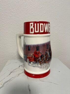 Budweiser 2018 Red and White Holiday Ceramic Stein with Horse-Drawn Wagon Scene